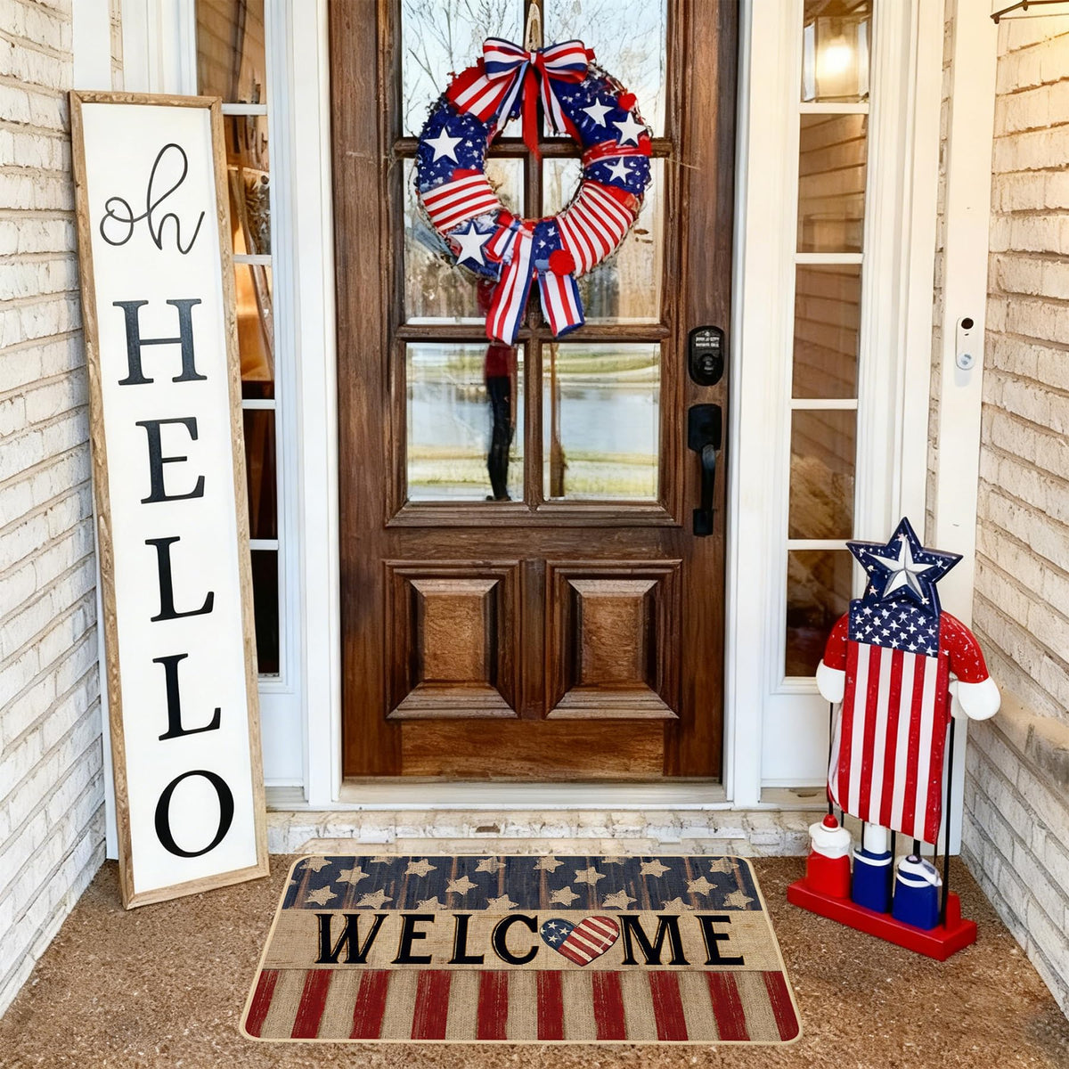 Baccessor Fourth of July entry rug with bold red and blue accents.