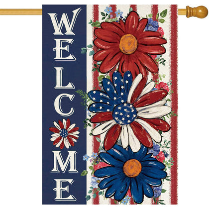 Baccessor flag, front view, double-sided patriotic burlap for outdoor welcome.