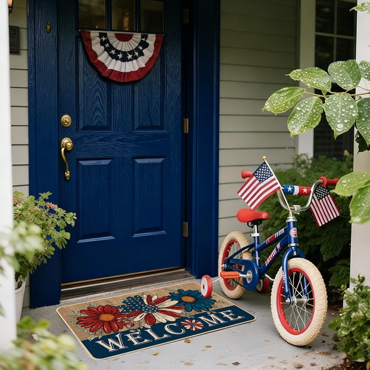 Baccessor 4th of July door mat featuring patriotic daisies; ideal for entryways and patios.