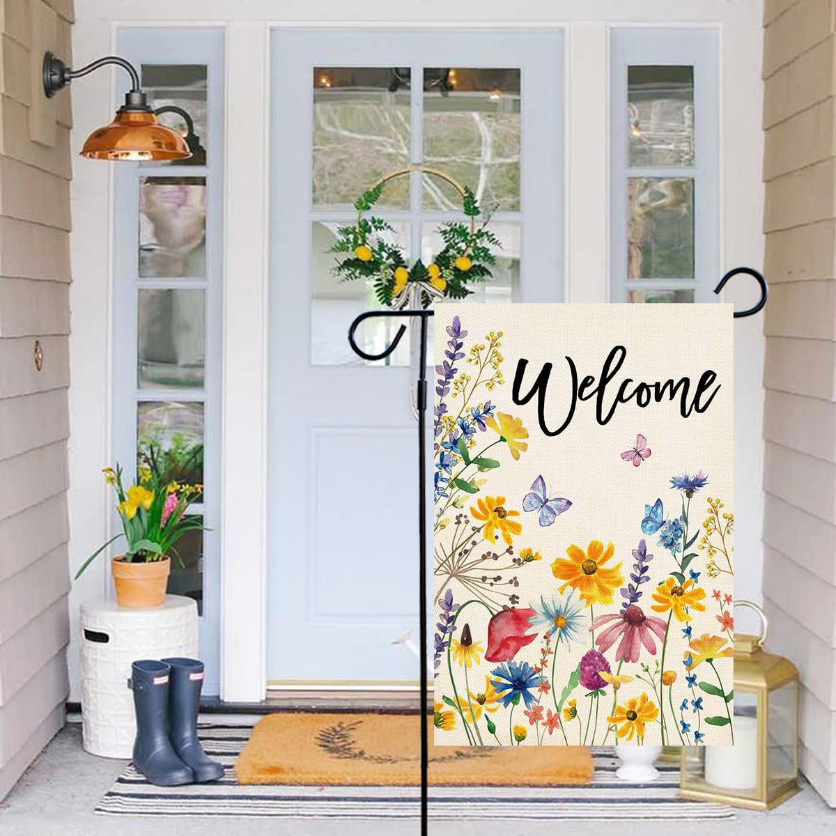 Baccessor garden flag outdoors features flowers and butterflies to boost curb appeal.