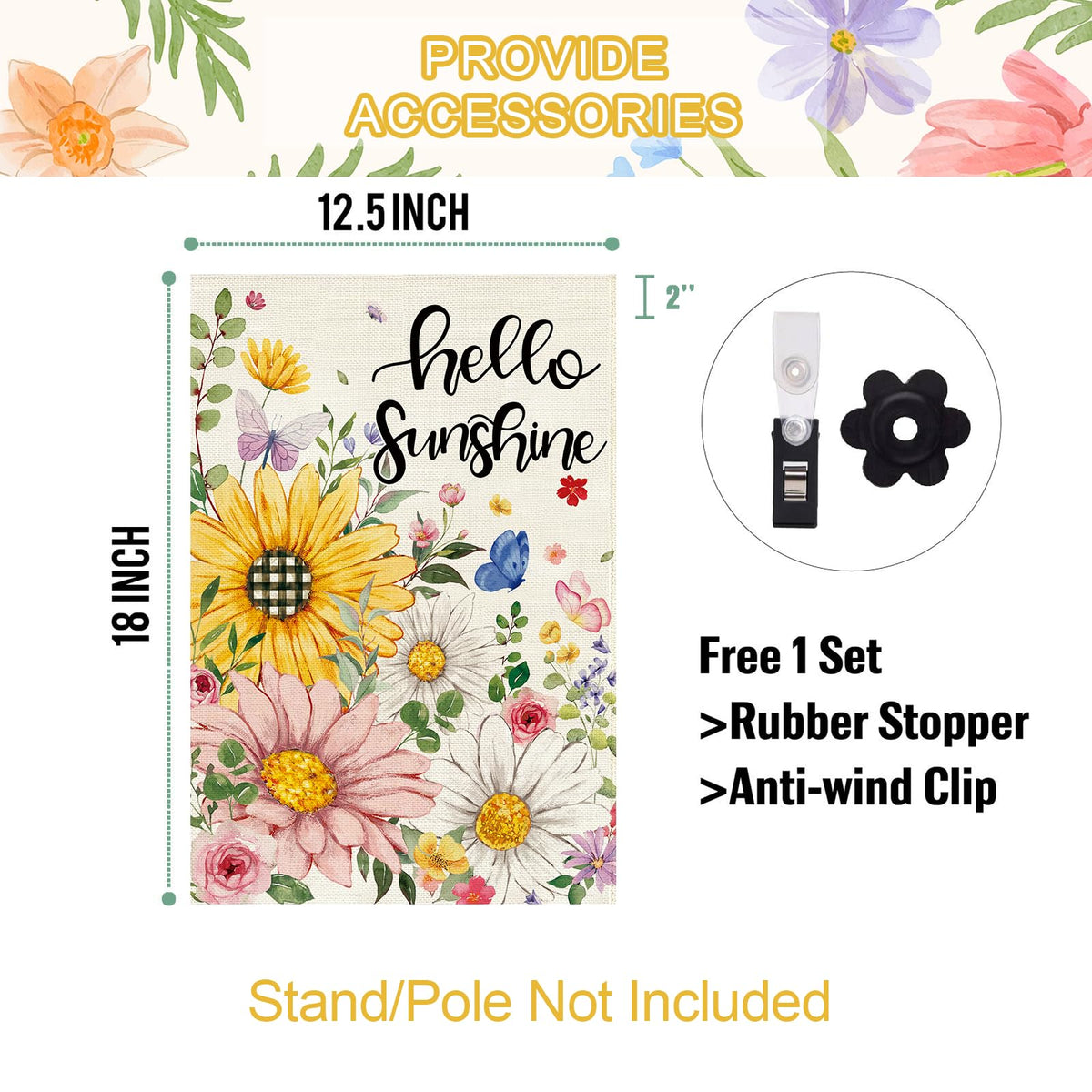 Baccessor garden flag with clip and stopper for easy setup.