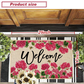 Baccessor Geranium doormat placed for indoor-outdoor use on a doorway