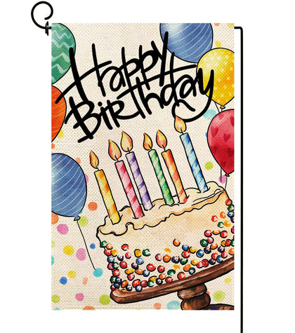 Baccessor Happy Birthday garden flag front view displaying durable burlap for outdoors