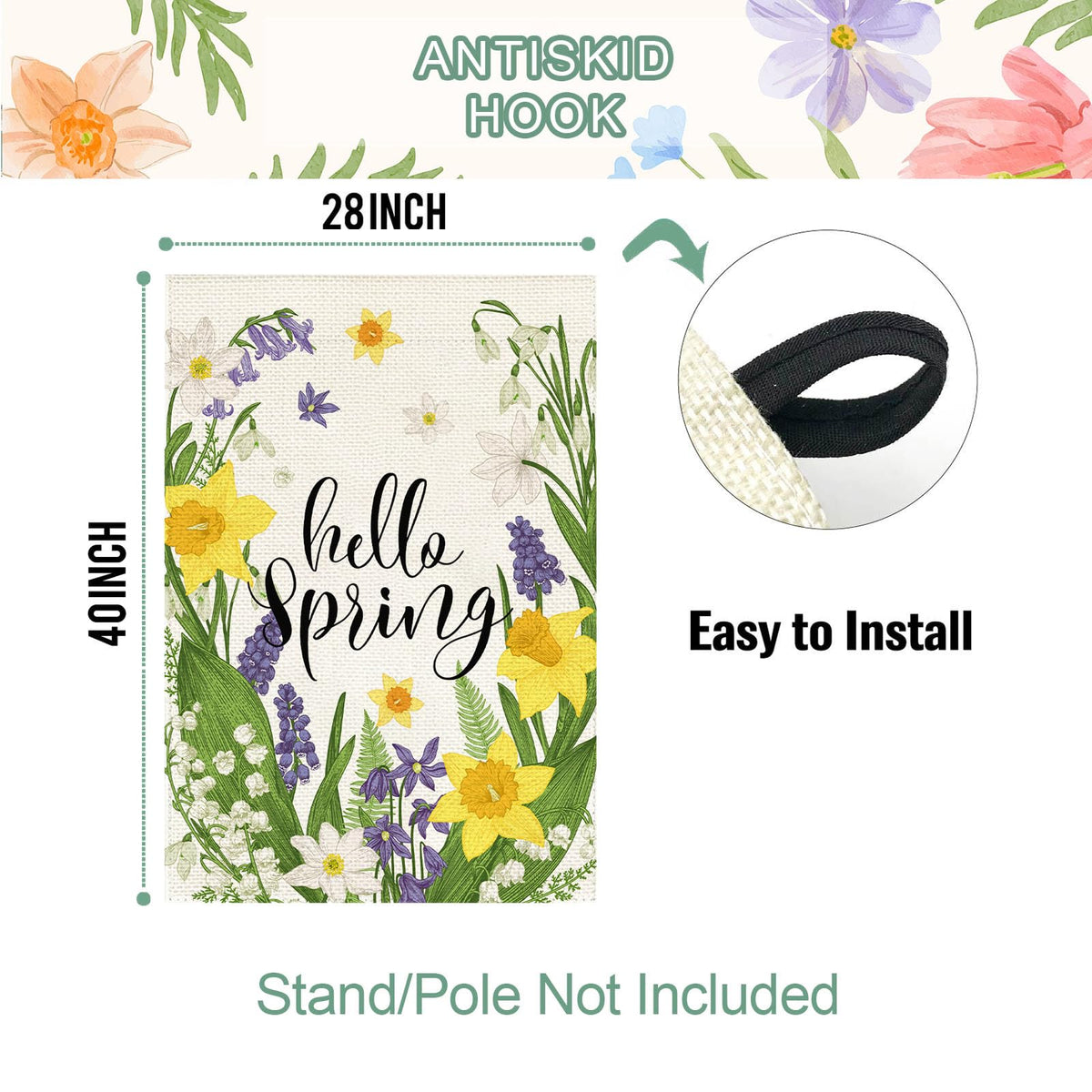 Baccessor Hello Spring flag measures 28 by 40 inches for yard decor