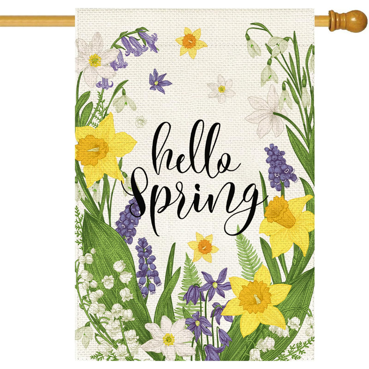 Baccessor Hello Spring flag with yellow daffodil greets guests outdoors