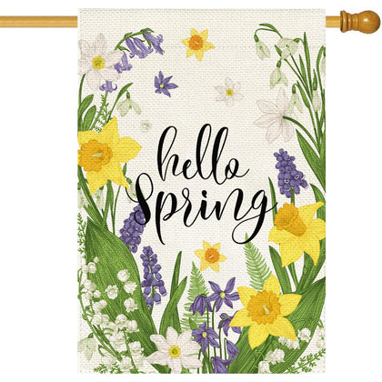 Baccessor Hello Spring flag with yellow daffodil greets guests outdoors