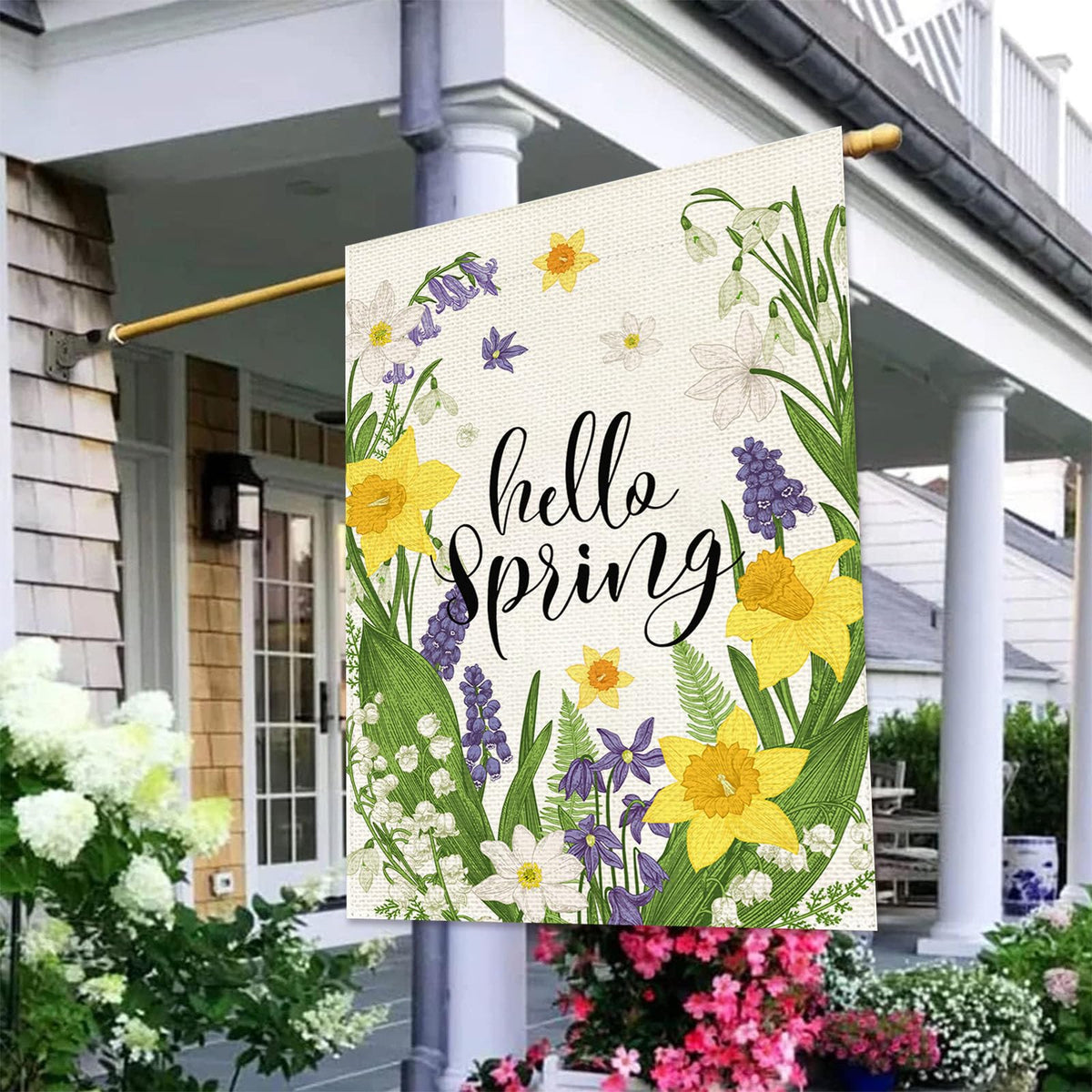 Baccessor Hello Spring flag purple flowers add seasonal charm