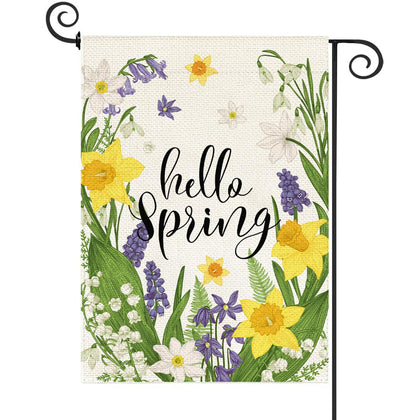 Baccessor Hello Spring garden flag with yellow daffodils welcomes guests outdoors.
