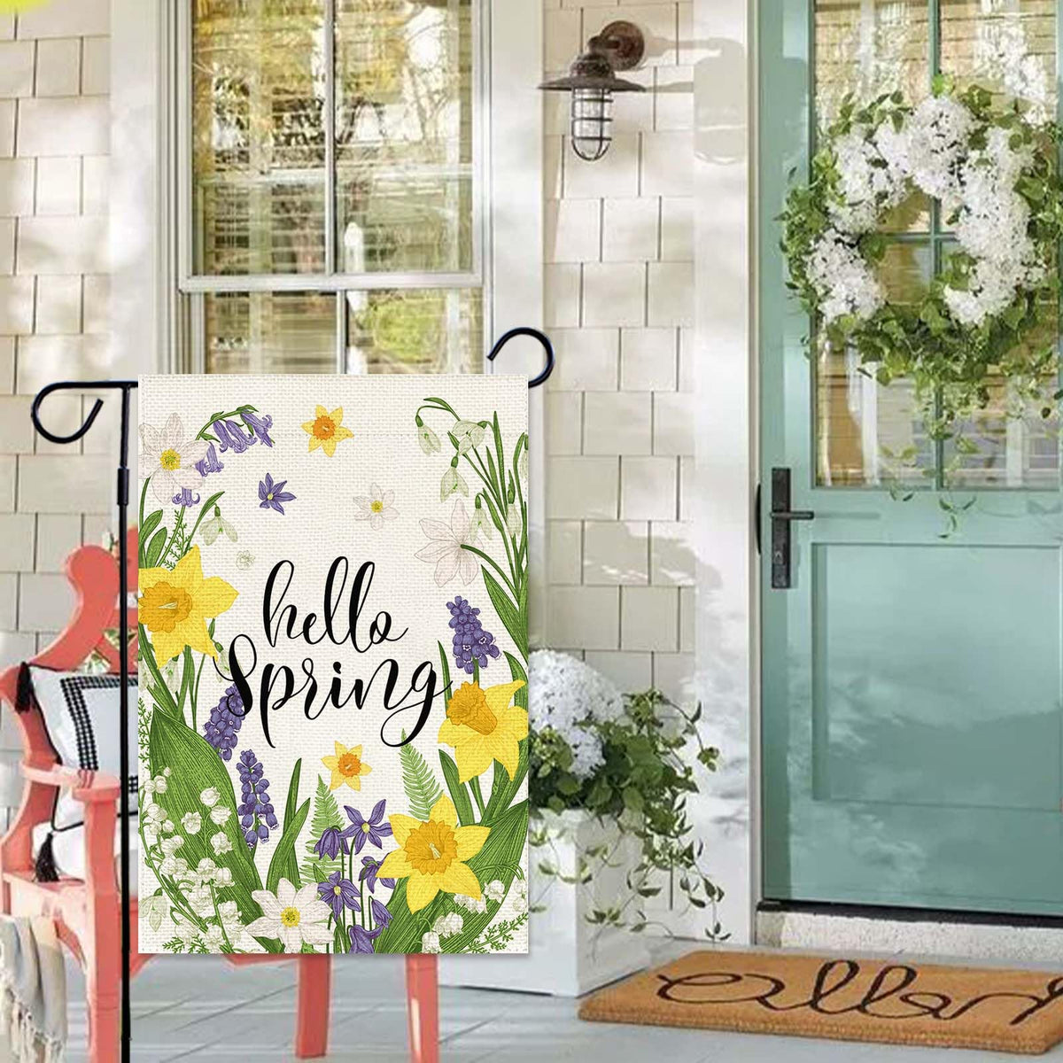 Baccessor Hello Spring garden flag with purple flowers brightens the yard.