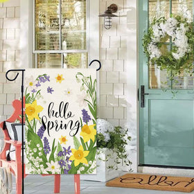Baccessor Hello Spring garden flag with purple flowers brightens the yard.