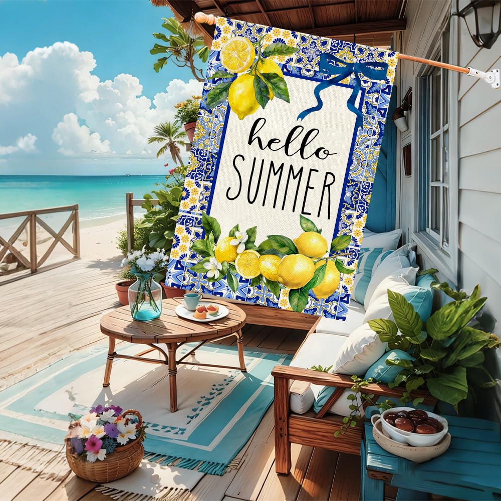 Baccessor Hello Summer flag back view with Capri Blue Tiles lemon print for double-sided visibility.