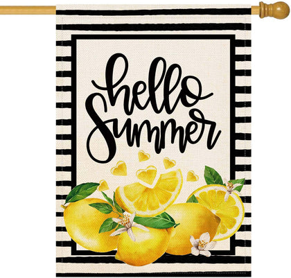 Baccessor Hello Summer flag with black stripes and lemon motif for outdoor decor.