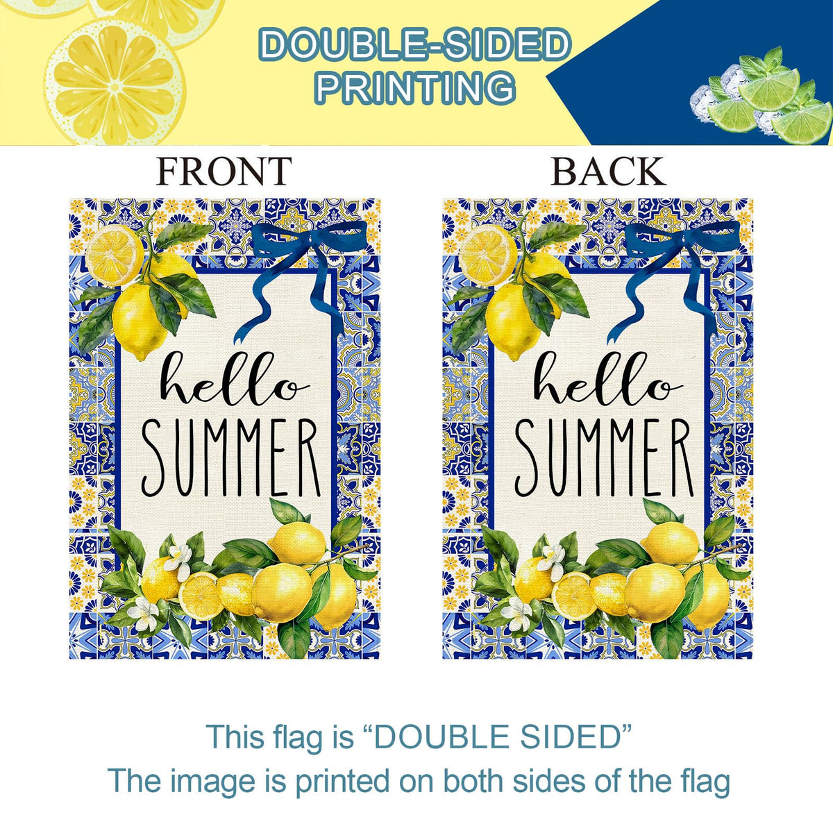 Baccessor Hello Summer flag Capri Blue Tiles closeup print detail.