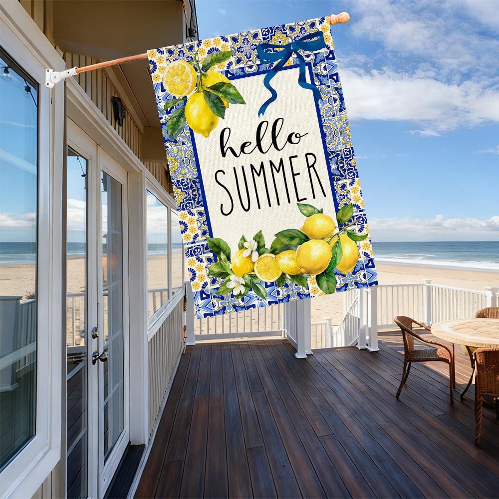 Baccessor Hello Summer flag hanging on doorway for bright holiday styling.