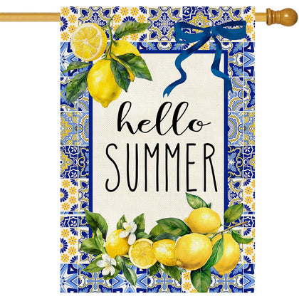 Baccessor Hello Summer flag front view with Capri Blue Tiles lemon print for porch welcome.