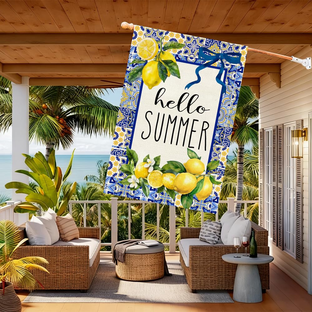 Baccessor Hello Summer flag wind-ready design ideal for porch or garden.