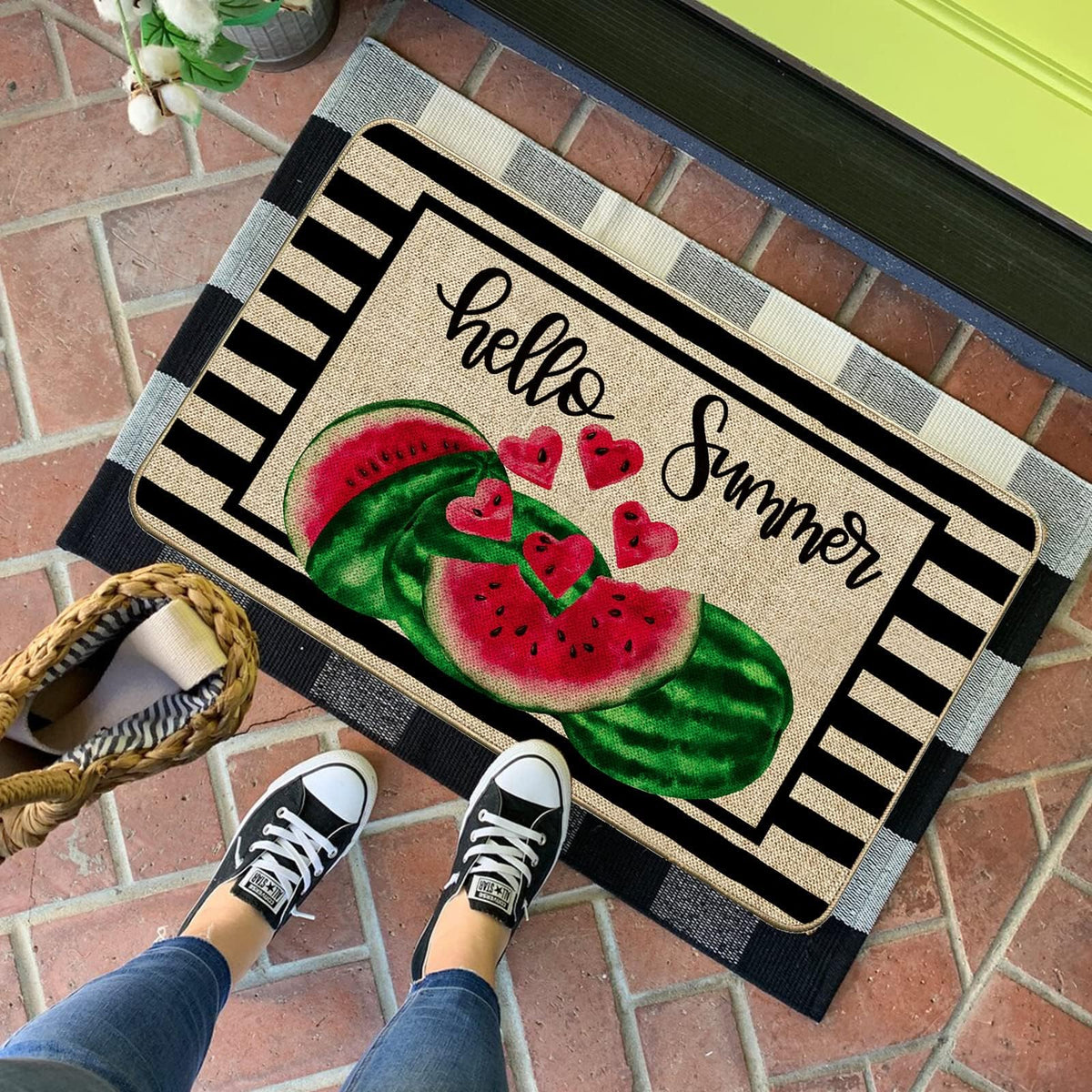 Baccessor Hello Summer Watermelon doormat seen indoors and outdoors for flexible use.