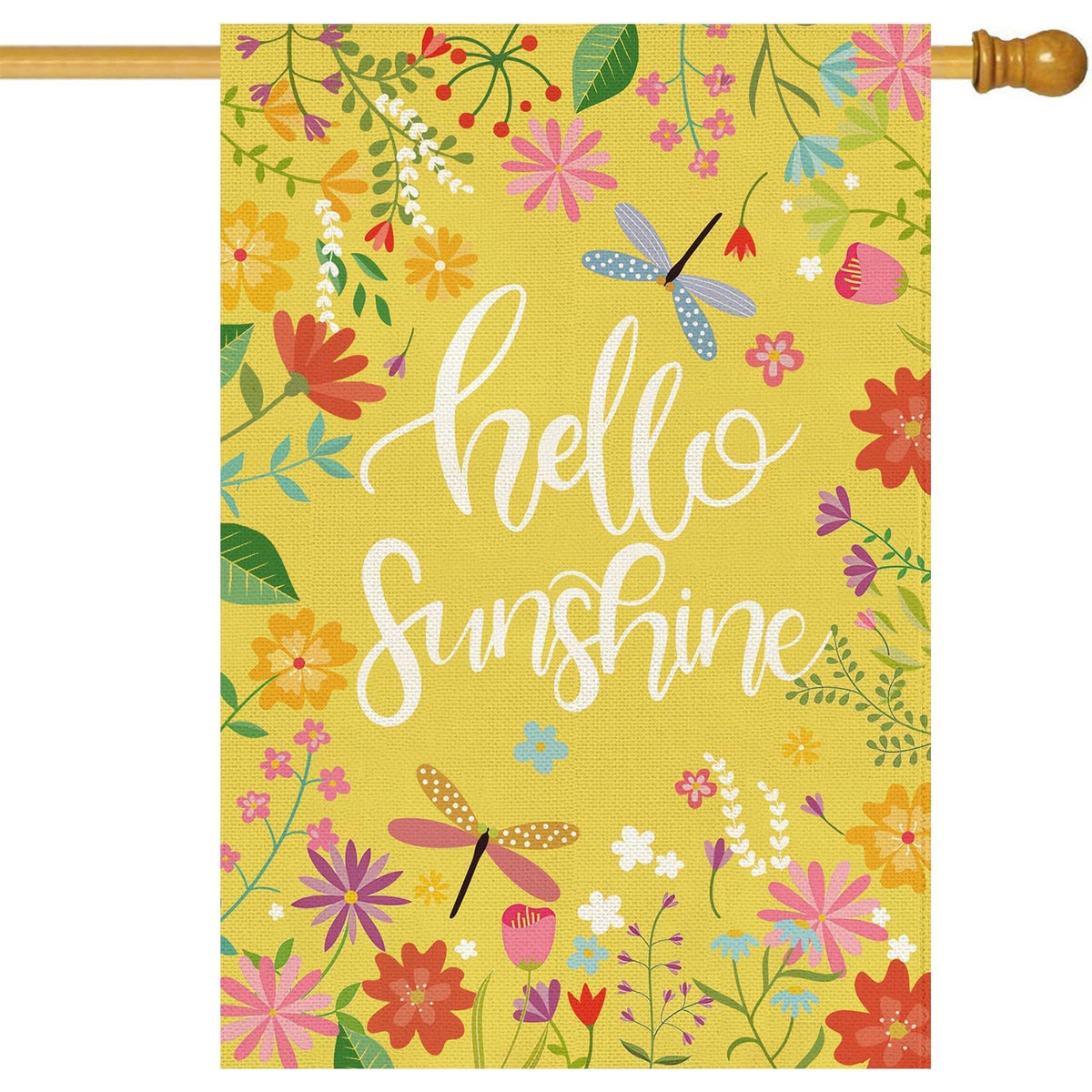 Baccessor Hello Sunshine floral burlap welcome flag brightens entryways from both sides