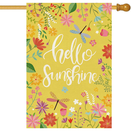 Baccessor Hello Sunshine floral burlap welcome flag brightens entryways from both sides