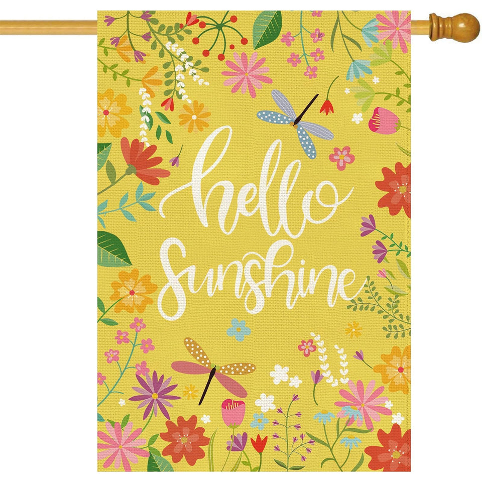 Baccessor Hello Sunshine floral burlap welcome flag brightens entryways from both sides