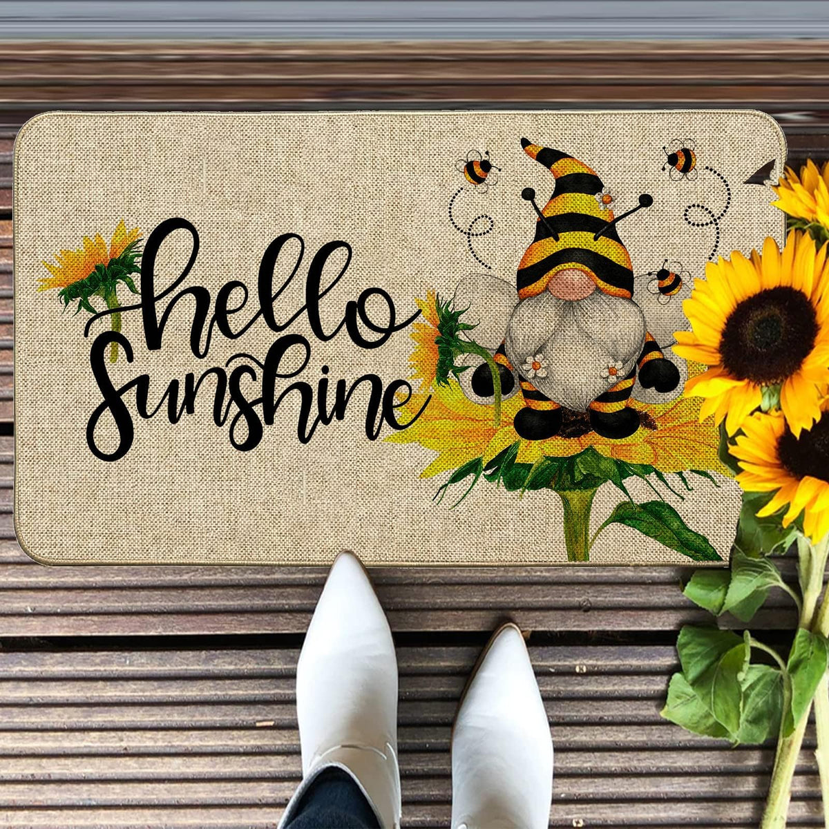 Baccessor Hello Sunshine Doormat texture close-up showing burlap surface and design.