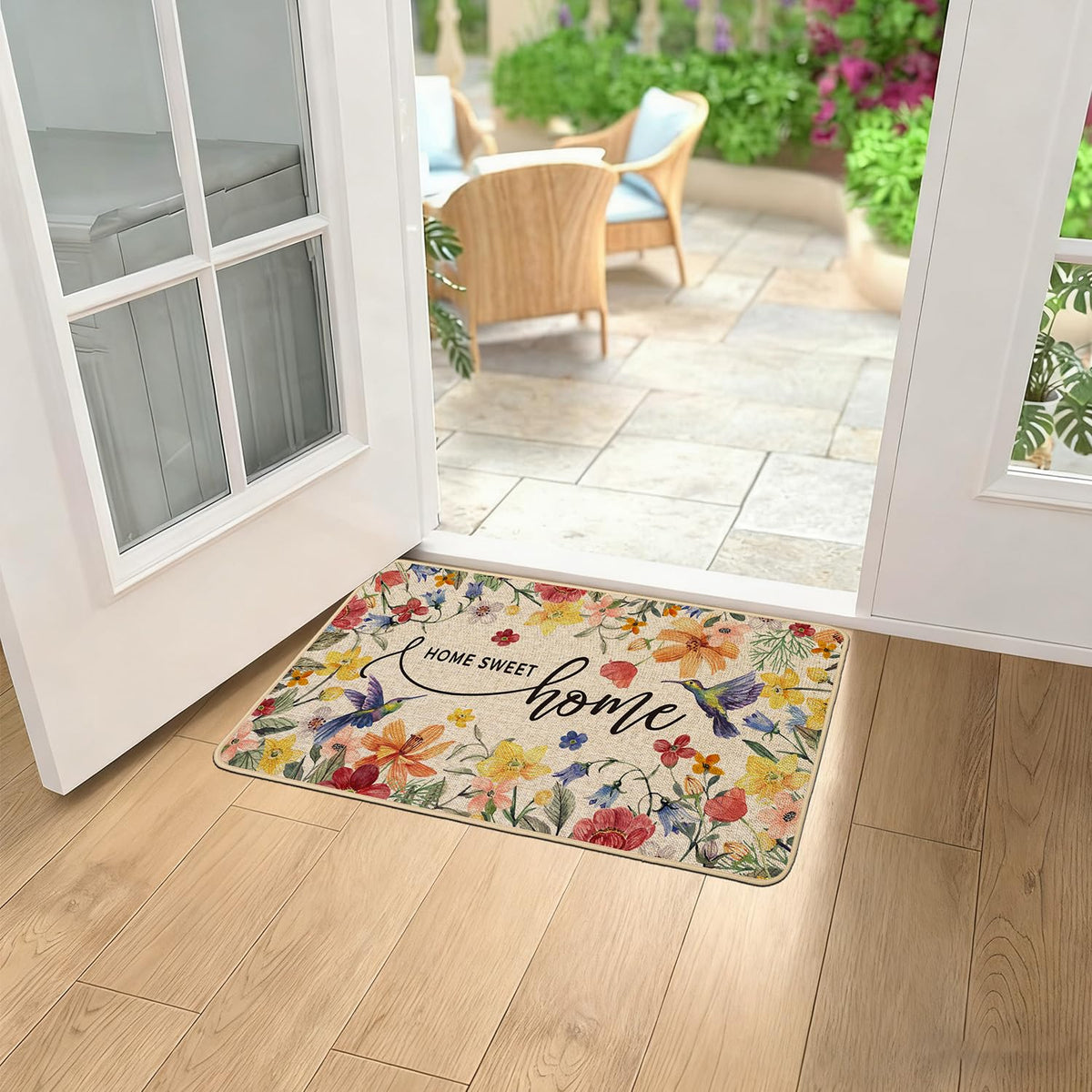 Baccessor hummingbird flowers doormat adds charming garden detail at the entrance