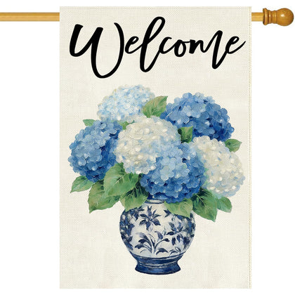 Baccessor hydrangea flag for the front yard, offering a welcoming outdoor display.
