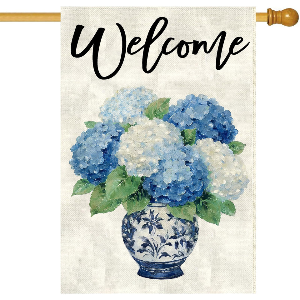 Baccessor hydrangea flag for the front yard, offering a welcoming outdoor display.