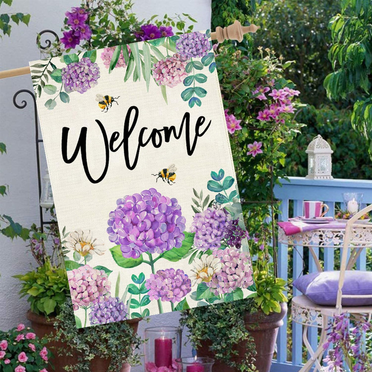 Baccessor hydrangea flower detail flag close-up highlights durable burlap