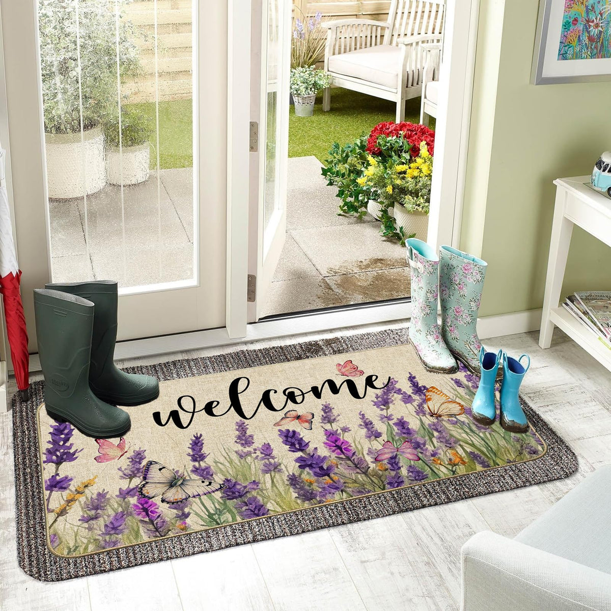 Baccessor lavender burlap texture mat shows rustic charm and durable surface.