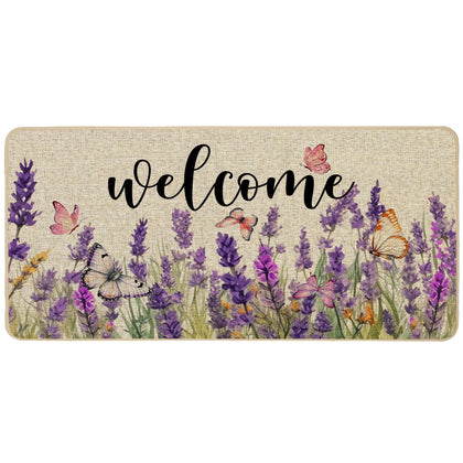 Baccessor Lavender door mat outdoor with floral butterflies welcomes guests and traps dirt.