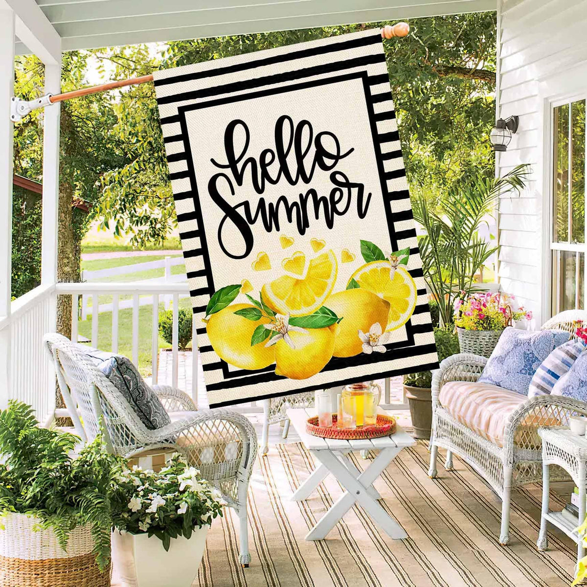 Close-up of lemon fruit on Baccessor flag for cheerful summer vibe.