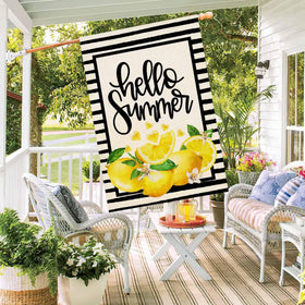 Close-up of lemon fruit on Baccessor flag for cheerful summer vibe.