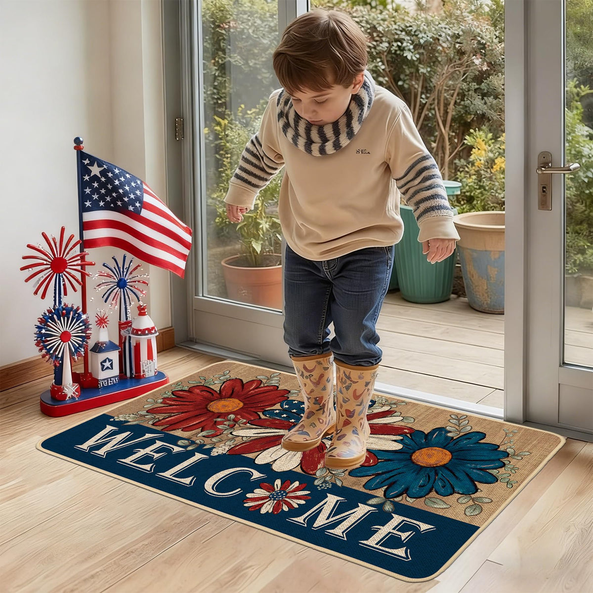 Baccessor Memorial Day daisies door mat suited for front porch use and weather-ready.