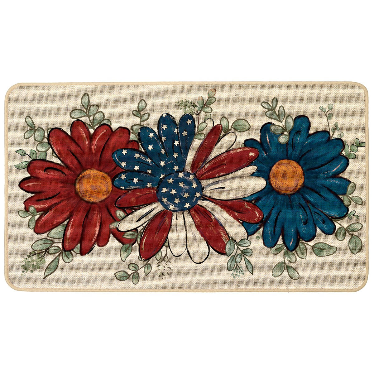 Baccessor Patriotic Daisy Eucalyptus Doormat front view highlights festive colors for entryways
