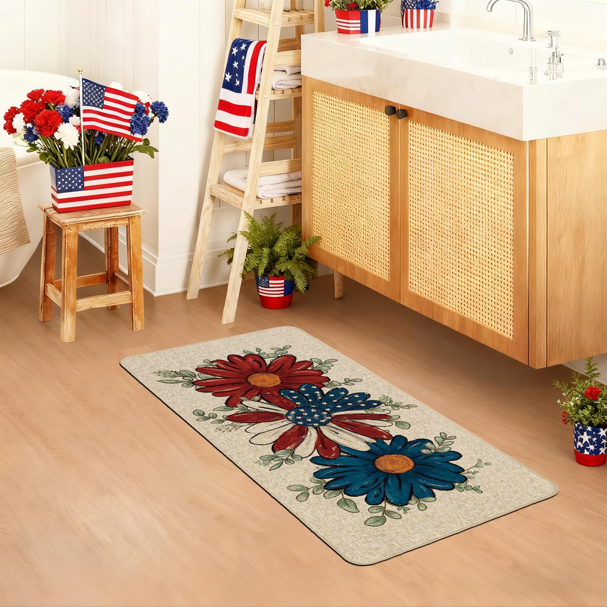 Baccessor Patriotic Daisy Eucalyptus Doormat holiday design detail emphasizes patriotic flair
