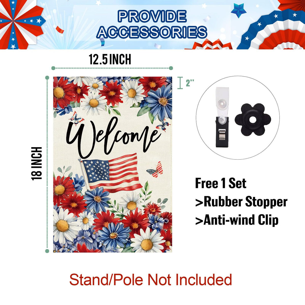 Baccessor patriotic daisy garden flag porch and mailbox display.