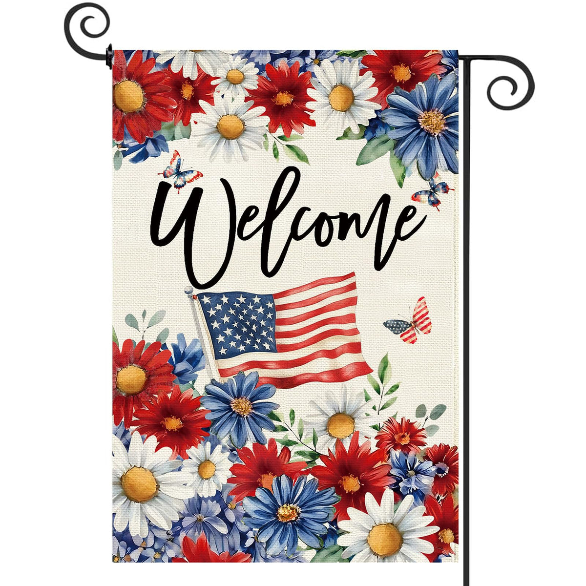 Baccessor patriotic daisy garden flag front view, welcoming outdoor guests with bold red and blue petals.