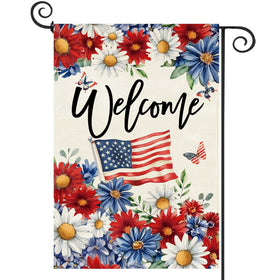 Baccessor patriotic daisy garden flag front view, welcoming outdoor guests with bold red and blue petals.