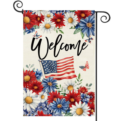Baccessor patriotic daisy garden flag front view, welcoming outdoor guests with bold red and blue petals.