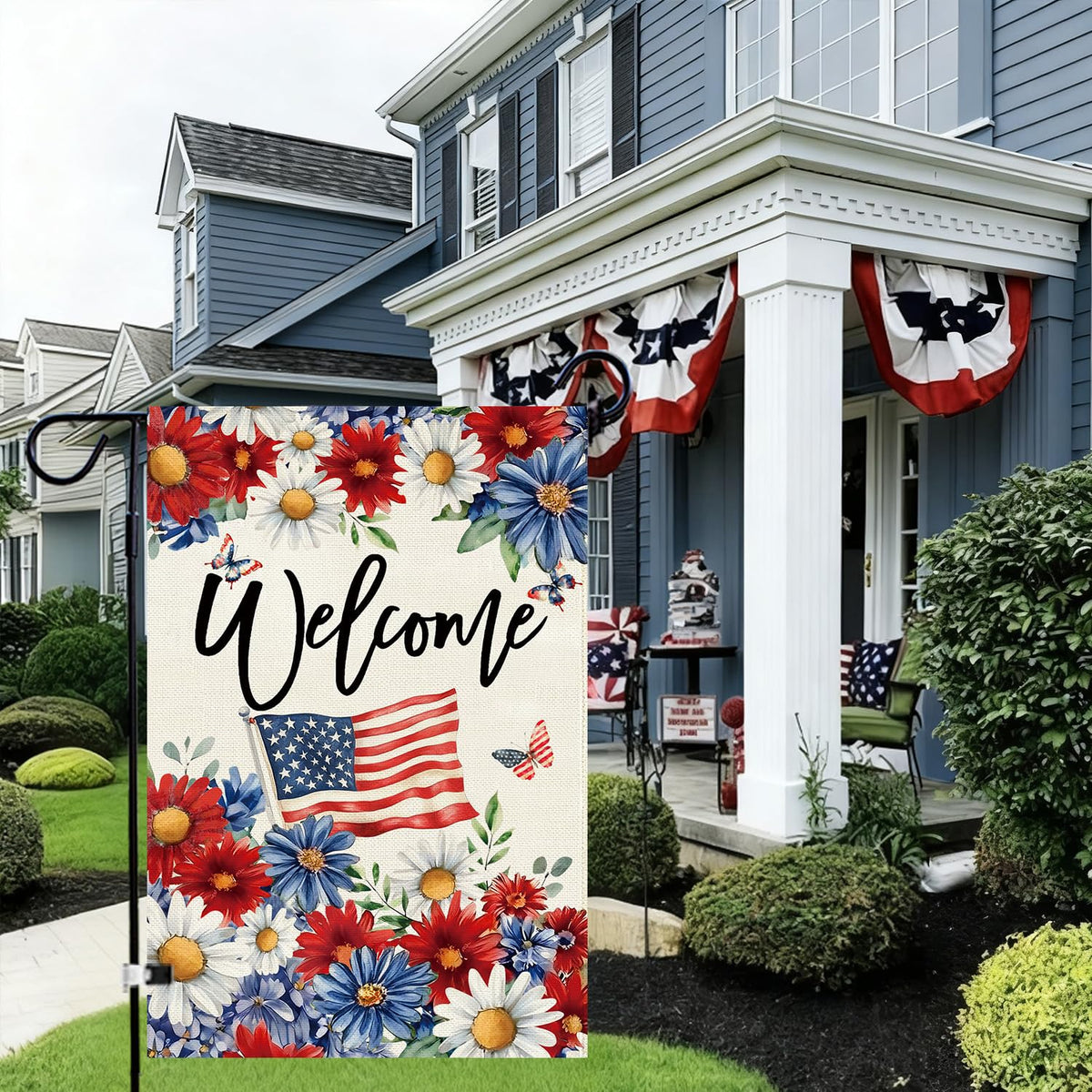 Baccessor patriotic daisy garden flag ideal for year-round outdoor decor and celebrations.