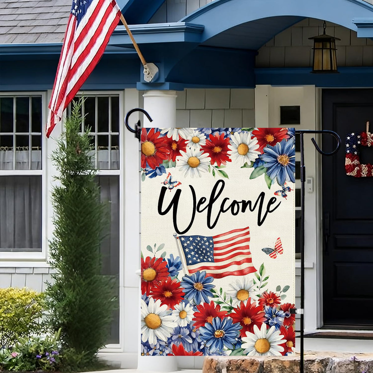 Baccessor patriotic daisy garden flag side view, durable burlap stands up to wind.