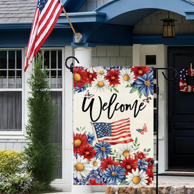 Baccessor patriotic daisy garden flag side view, durable burlap stands up to wind.