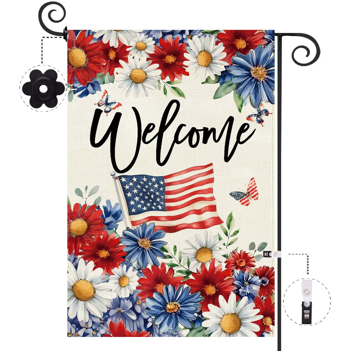 Baccessor patriotic daisy garden flag front-porch display enhances curb appeal.