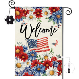 Baccessor patriotic daisy garden flag front-porch display enhances curb appeal.