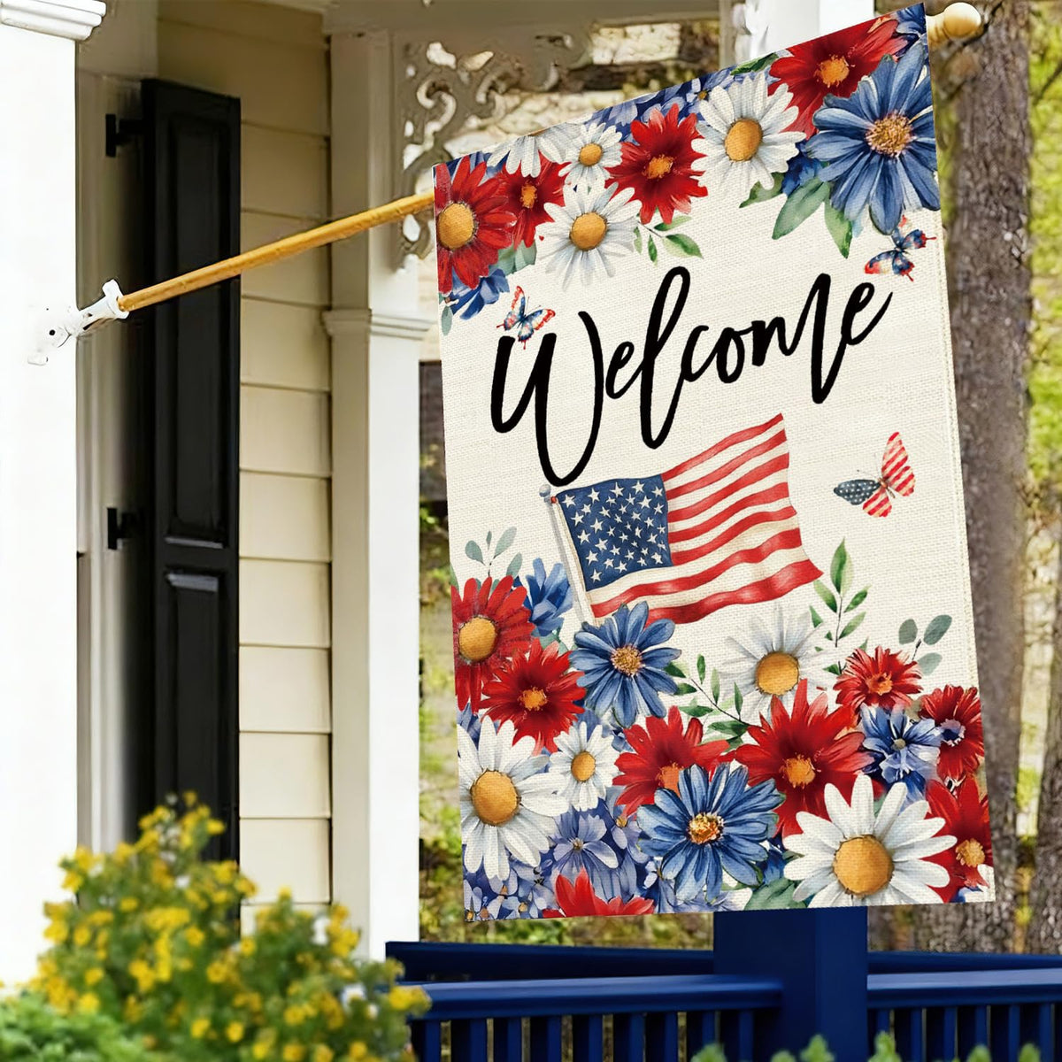 Baccessor Patriotic Daisy House Flag 28x40 anti-skid top tab keeps it securely displayed.