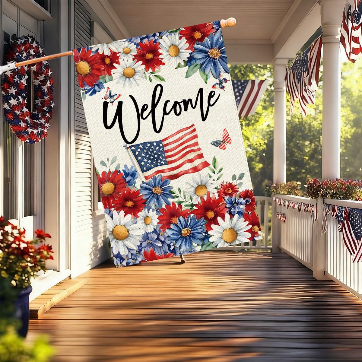 Baccessor Patriotic Daisy House Flag 28x40 back-to-back print shown on display.