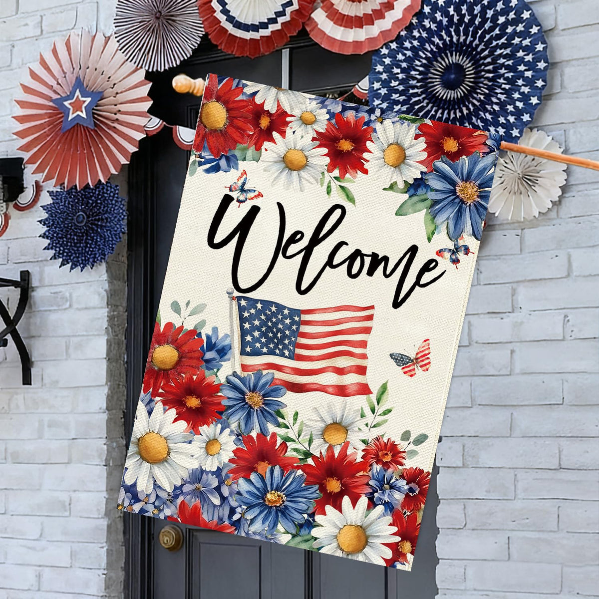 Baccessor Patriotic Daisy House Flag 28x40 close-up burlap texture and stitching.