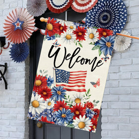 Baccessor Patriotic Daisy House Flag 28x40 close-up burlap texture and stitching.