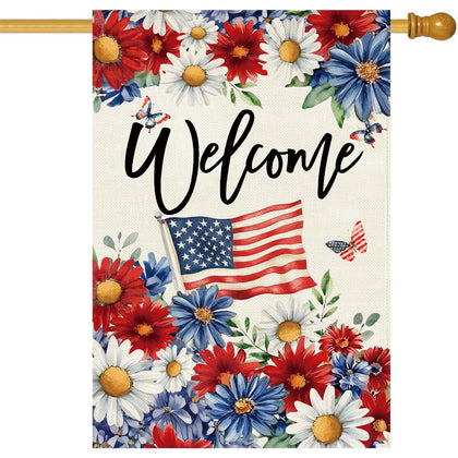 Baccessor Patriotic Daisy House Flag 28x40 front view for porch decor and outdoor flair.